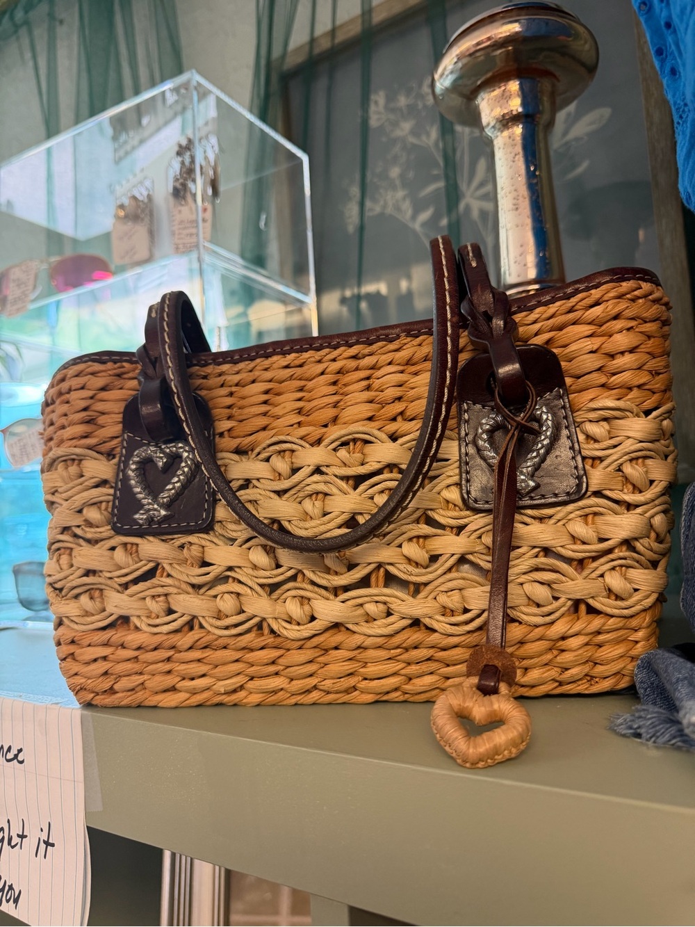 Vintage Unique Brighton Shelie Natural Straw Purse with Brown Leather Trim.